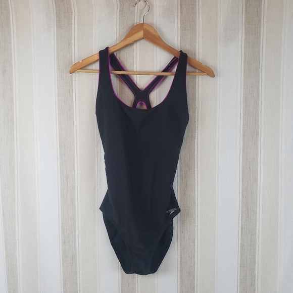 Speedo One Piece‎ Swimsuit Black Purple Size 8 - Picture 1 of 8
